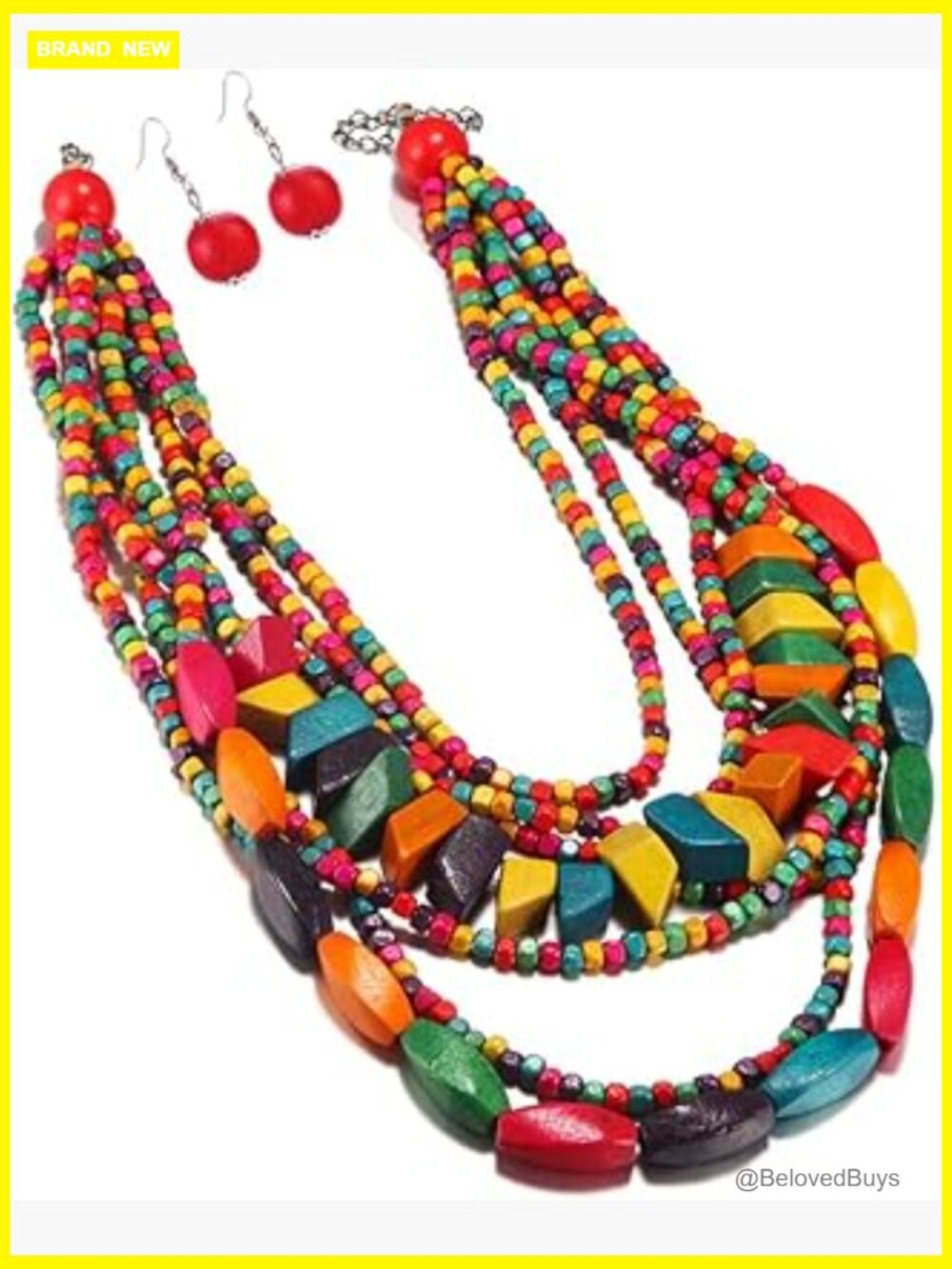 Handmade Multi-Layer Chunky Wooden Beads Bib Necklace Earrings Set African